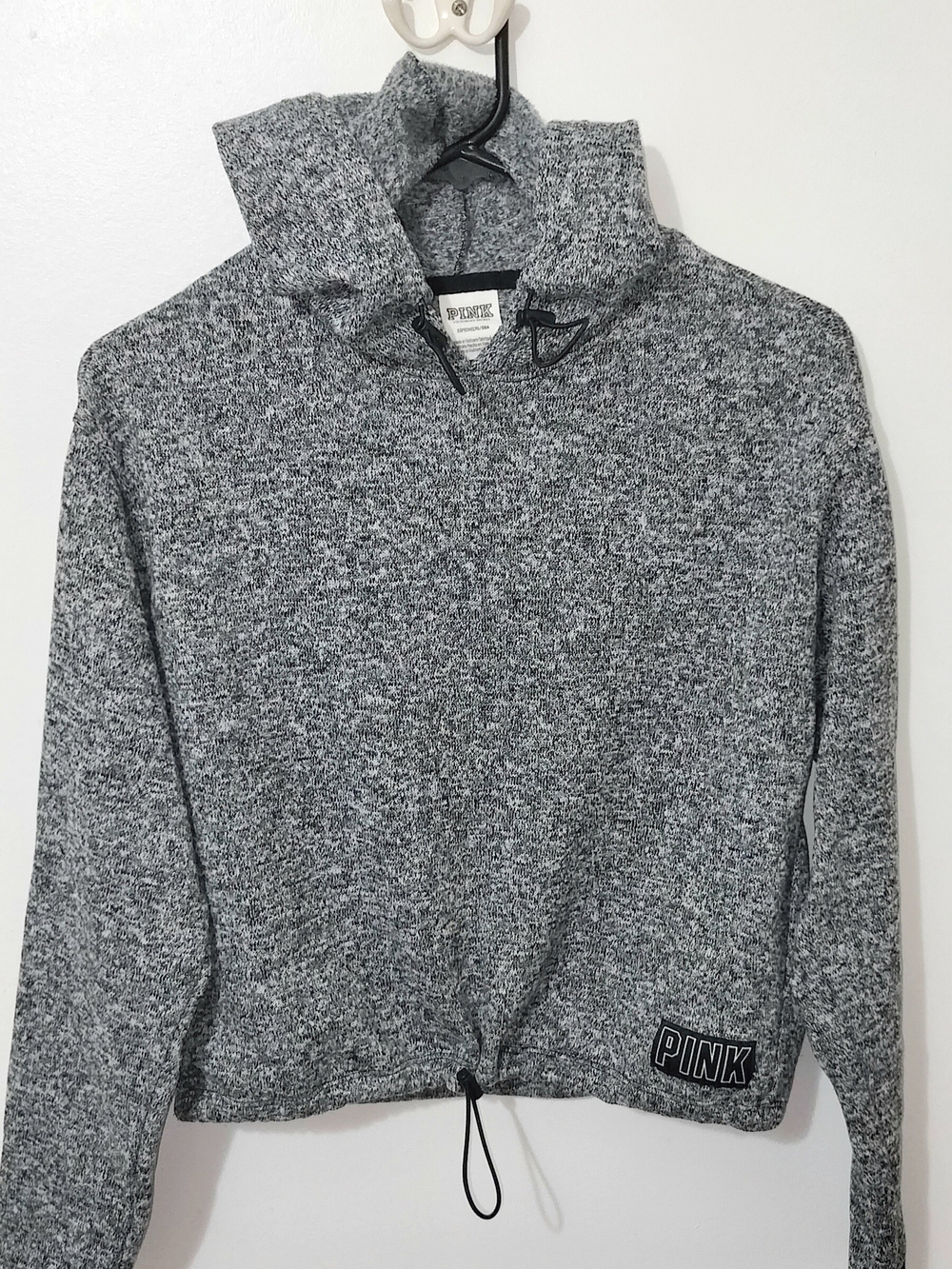PINK Victoria's Secret Crop Hoodie Bungee Drawstring Sweatshirt Marl Gray Size S